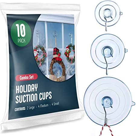 All-Purpose Holiday suction cup hooks [10PK Combo Set] Powerful window suction cups with hooks Use To Hang On glass, Windows, Doors, Mirrors, Tiles. Set Includes: 2 Large, 4 Medium, 4 Small - USA Made