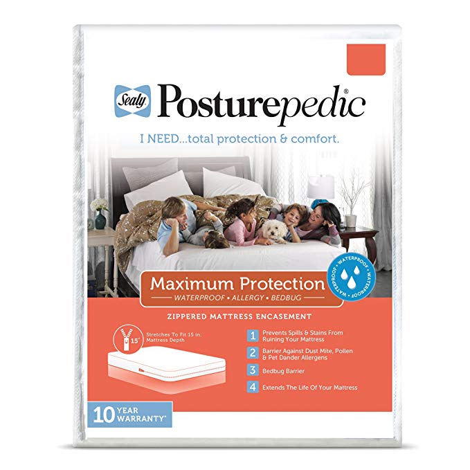 Sealy Posturepedic Maximum Protection Waterproof, Bedbug Zippered Mattress Protector - Prevent Collection of Dust Mites & Other Allergens - Vinyl Free & Hypoallergenic - 10 Year Warranty, Twin Sized