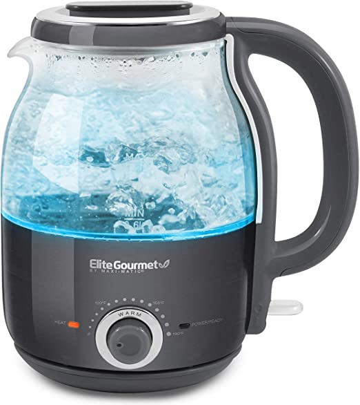 Elite Gourmet EKT1220GR Electric BPA-Free Glass Kettle, Temperature Dial Keep Warm, Cordless 360° Base, Blue LED Interior, Auto Shut-Off Function – Quick Boil, 1.2L, Dark Gray