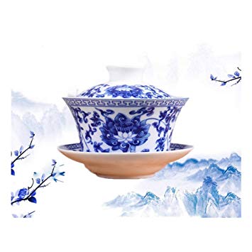 Jingdezhen Lotus Design Chinese Gaiwan Traditional Chinese Teaware China Traditional Blue and White Porcelain Large Gaiwan Kungfu Teacup by DELIFUR (350 ml)