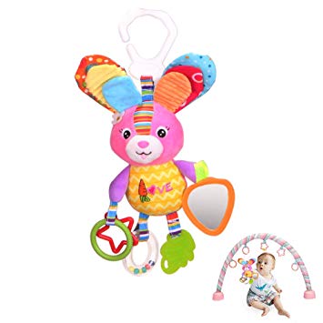 Hanging Toys for Babies Dmeixs Car Seat Toys Baby Stroller Toys Hanging Crib Toys Hanging Rattle Toys Infant Hanging Toys Bunny with Squeaker Crinkly Ear Mirror Washable Colorful Rabbit Toys