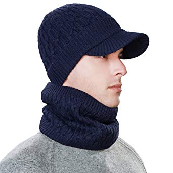 SIGGI Mens Wool Knit Visor Beanie Winter Hat&Scarf Sets Fleece Mask Neck Warmer