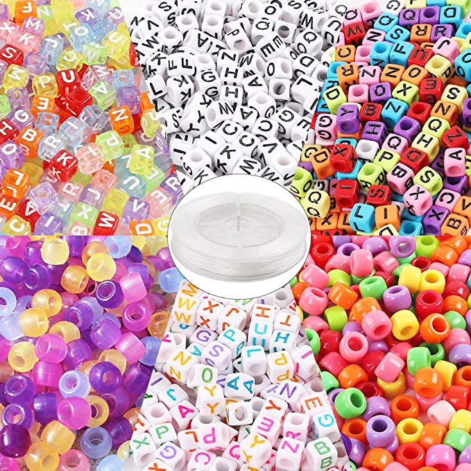 Quefe 1500pcs Acrylic Beads Containing 4 Types, Letter Beads, Large Hole Beads, UV Beads with 50 Meters Elastic String for Making Jewelry, Bracelets, etc.