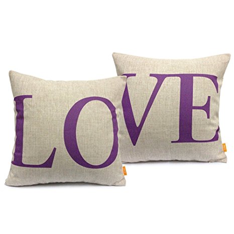 18 X 18 Decorative Cotton Linen Throw Pillow Cover Cushion Case Couple Pillow Case, Set of 2 - Love(Purple)