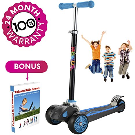 Scooter For Kids, Maxi Foldable Kick Scooter Deluxe, handlebars adjustability from age 6-12, Surface-safety Balance Technology, 2"widthX3 Wheels, 24 Months Guarantee, eBookGift "Talented Kids Secrets"
