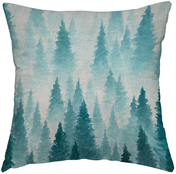 SSOIU Watercolor Winter Forest Landscape Christmas Tree Throw Pillow Cover Cushion Case for Sofa Couch 18" x 18" Inch Cotton Linen