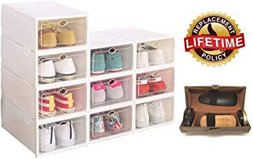 Sturdy Box setTM - x10 Storage boxes - Stackable, attachable, plastic organised boxes with clear transparent door (FREE Shoe Care Kit and Lifetime Replacement Guarantee!)