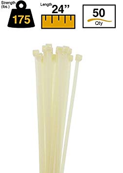 BuyCableTies 24" Heavy Duty Indoor Cable Ties - 175 lb Rated - Natural/Clear - 50 per bag