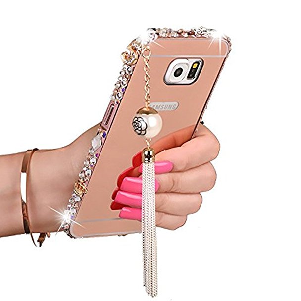 Gravydeals Samsung Galaxy S6 Edge Plus Case,Rose Gold Ultra-Thin Luxury Bling Diamond Mirror Electroplate Scratch Resistant Cover   Aluminum Metal Bumper Frame With Pearl Pendant