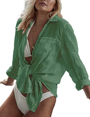 Bsubseach Women Long Sleeve Beach Shirt Blouses Turn Down Collar Bathing Suit Cover Ups