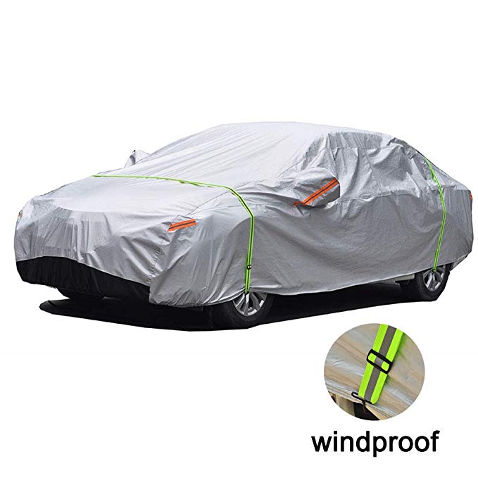 GUNHYI Windproof Car Covers Waterproof All Weather For Automobile, Snow Sun Rain UV Protective Outdoor, Fit Sedan (Length 194-208 Inch)