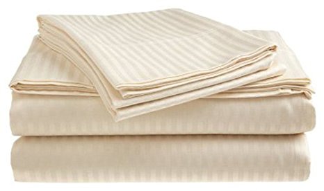 Twin Size 400 Thread Count 100% Cotton Sateen Dobby Stripe Sheet Set -Beige