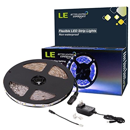 LE 16.4ft 12V Flexible LED Light Strip, LED Tape, Blue, 300 Units SMD 2835 LEDs, Non Waterproof, LED Ribbon, LED Light Strips, For Home/Kitchen/Car/Bar, Power Adapter Included