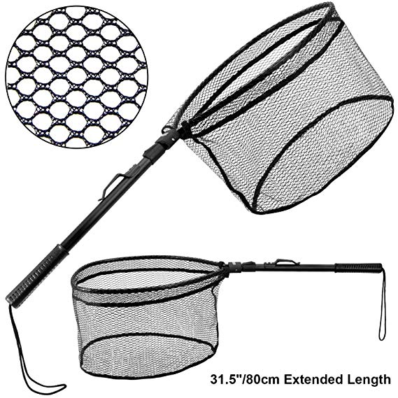 PLUSINNO Fishing Net Fish Landing Net, Foldable Collapsible Telescopic Pole Handle, Durable Nylon Material Mesh, Safe Fish Catching or Releasing