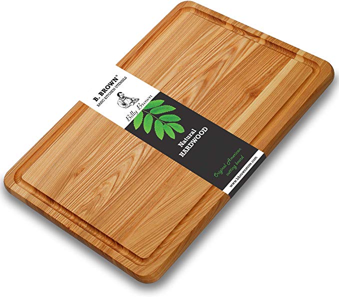 B.Brown LARGE Wood Cutting Board With Juice Groove For Kitchen 17.5x11.5 inches From Natural HARDWOOD For Use As: Butcher Block Chopping Block Chess Vegetables Carving Board Serving Tray Wood Tray