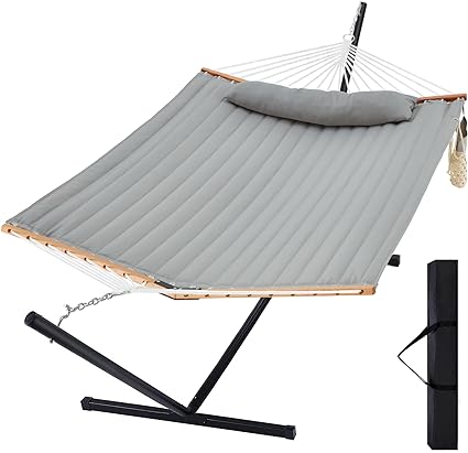 Two Person Hammock with Stand, Heavy Duty Outdoor Patio Hammock with Portable Steel Stand for 2 Person, Large Double Hammocks,480lbs Capacity.(Middle Grey)