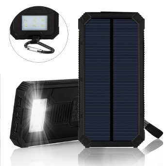 Power Bank 12000mAh Solar Charger Portable Hook Dual USB External Battery Charger for iPad/ iPhone/ Samsung/ Camera LED Flashlight for Emergency Outdoor Camping Travel ( Black )