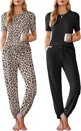 Ekouaer 2 Pack Womens Pajama Sets Short Sleeve Tops Jogger Pants Lounge Sets Soft Loungewear Printed Pj with Pockets