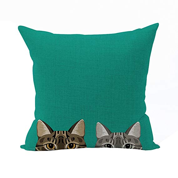 Nunubee Animal Cat Cotton Linen Square Throw Pillow Case Decorative Cushion Cover Pillowcase for Sofa Green Cats