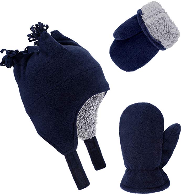 Boao 3 Pieces Toddler Baby Winter Set, Micro Fleece Hat Baby Knit Hat Boys Mitten Gloves