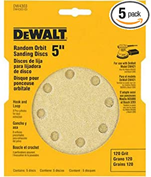 DEWALT DW4303 5-Inch 8-Hole 120-Grit Hook-and-Loop Random Orbit Sandpaper (5-Pack)