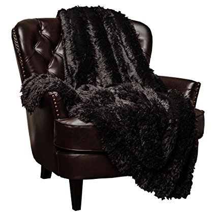 Chanasya Super Soft Long Shaggy Chic Fuzzy Fur Faux Fur Warm Elegant Cozy With Fluffy Sherpa Black Throw Blanket (50" x 65") - Solid Shaggy Black