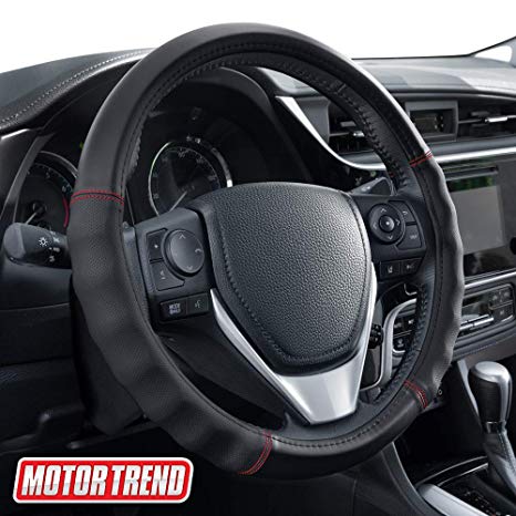 Motor Trend SW-810 Black with Grooves Soft Touch Leather Steering Wheel Cover with Advanced Traction Universal Fit for Standard Sizes 14.5 15 15.5 inches