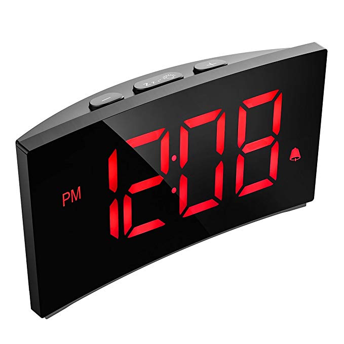 Alarm Clocks, PICTEK Digital Alarm Clock with 5-inch Dimmable LED Curved Screen, Kids Electronics Clock with Snooze Function, 12/24 Hour, USB Time Clock for Bedrooms Livingroom Office Desk (Red)