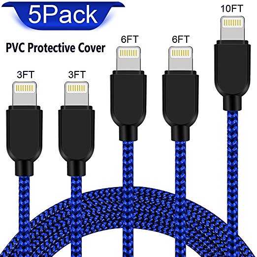 Lightning Cable, 5 Pack[3FT 3FT 6FT 6FT 10FT] iPhone Charger Nylon Braided USB Cable for iPhone X/8/8 Plus/7/7 Plus/6/6 Plus/5s, iPad Pro Air 2 and More-Black&Blue