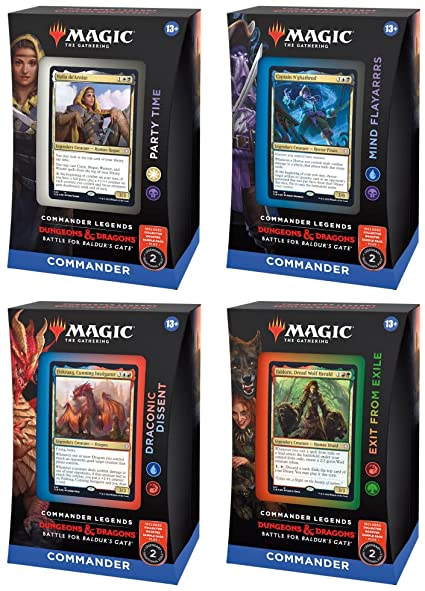 Magic: The Gathering Commander Legends: Battle for Baldur’s Gate 4 Commander Deck Bundle – Includes 1 Party Time, 1 Mind Flayarrrs, 1 Draconic Descent, 1 Exit from Exile