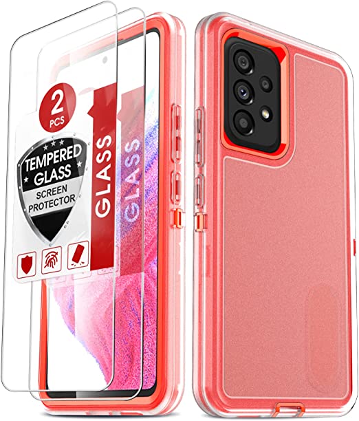 Galaxy A53 5G Case, A53 5G Case with [2 Pack] Tempered Glass Screen Protectors, LeYi 3 in 1 Full Body Shockproof Rubber Dustproof Rugged Defender Protection Case for Samsung A53, Clear/Orange