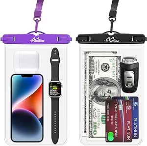 MoKo Large Waterproof Phone Pouch - 2 Pack 9.5" Clear Phone Water Protector Pouch Case with Lanyard, Cell Phone Dry Bag Compatible with iPhone 14 13 12 Pro Max, Galaxy S23 S22 Ultra, Black Purple