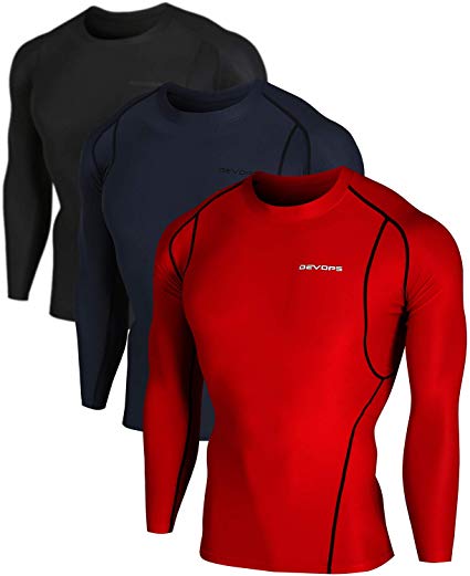 DEVOPS Men's 3 Pack Cool Dry Athletic Compression Long Sleeve Baselayer Workout T-Shirts