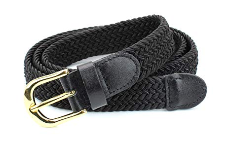 Women's Braided Elastic Woven Stretch Belt Solid Color Gold Buckle and Leather Tip