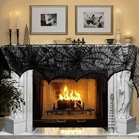 Marry Acting 18 x 96 inch Cobweb Fireplace Scarf Mysterious Lace SpiderWeb Mantle Lace Runner Fireplace Scarf Festive Supplies for Halloween Christmas Party Door Window Decoration Black