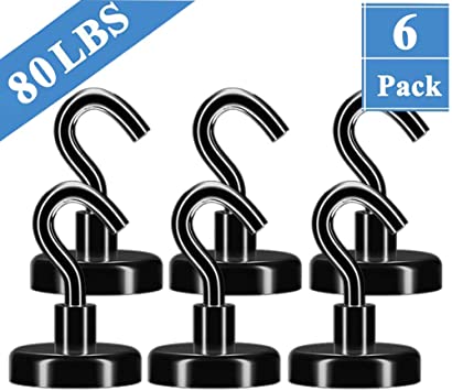 EVISWIY Strong Magnetic Hooks for Cruise Ship Refrigerator Locker Hanging Wreath Coat Towel Key 80LBS Heavy Duty Neodymium Magnet Hook Hanger Black 6 Pack