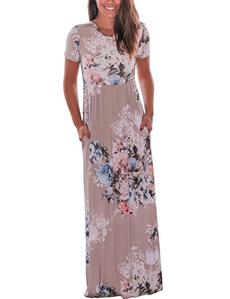 Murimia Women's Floral Print Short Sleeve Empire Flower Maxi Casual Dress with Pocketed