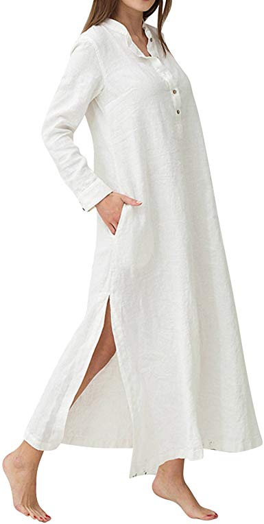 Jacansi Women Bohemian Cotton Linen Loose Casual Split Kaftan Dress with Button S-5XL