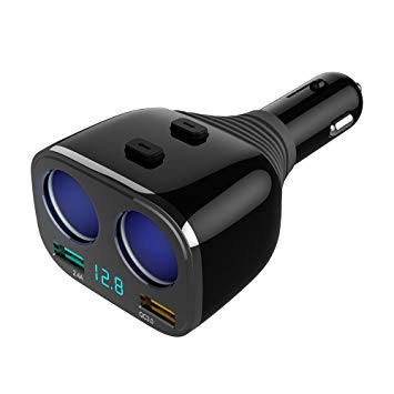 Dr. Prepare 2-Socket Cigarette Lighter Adapter Splitter with Dual USB Car Charger Adapter Voltage Display for iPhone7 7s iPad Samsung Android GPS - Black