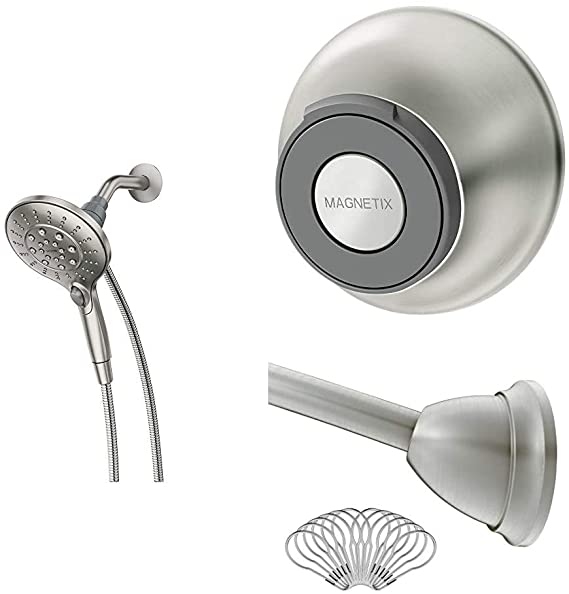 Moen 26112SRN Engage Magnetix Six-Function 5.5-Inch Handheld Showerhead with 186117SRN Magnetix Remote Dock and MDN2170BN Shower Rod, Spot Resist Brushed Nickel