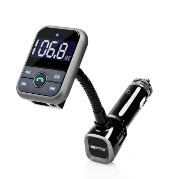 BESTEK Bluetooth In-Car FM Transmitter with Hands-Free Calling, USB Charging & Music Controls - Works with Apple, Samsung, LG & More Smartphones, Tablets, MP3 Players