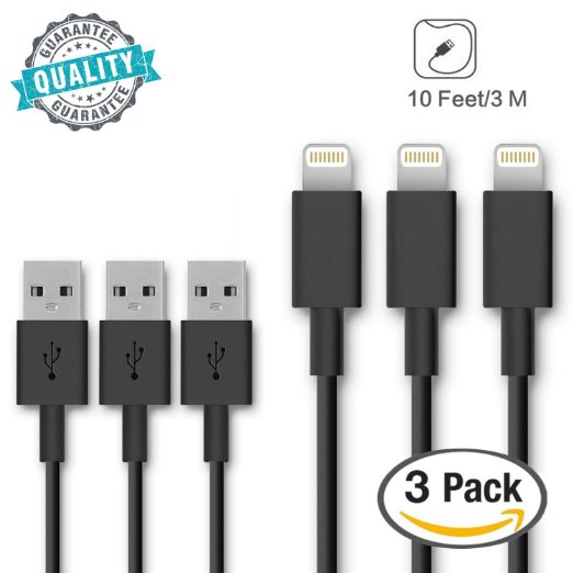 THE 1 Rated Plastic SideTech TM 10 Feet 8 pin iPhone 5  iPhone 6 Cable High Quality and Durable Black Plastic x 3 SHIPPED IN SAME BUSINESS DAY Compatible with new iOS