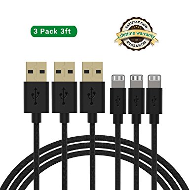 Turata Lightning Cable Braided 3ft Nylon Charging Cable Tangle-Free Most Durable iPhone USB Charging Cable for iPhone 7 7 Plus 6 6s Plus 6 6s 5c 5s 5 iPad and iPod (3 Pack)