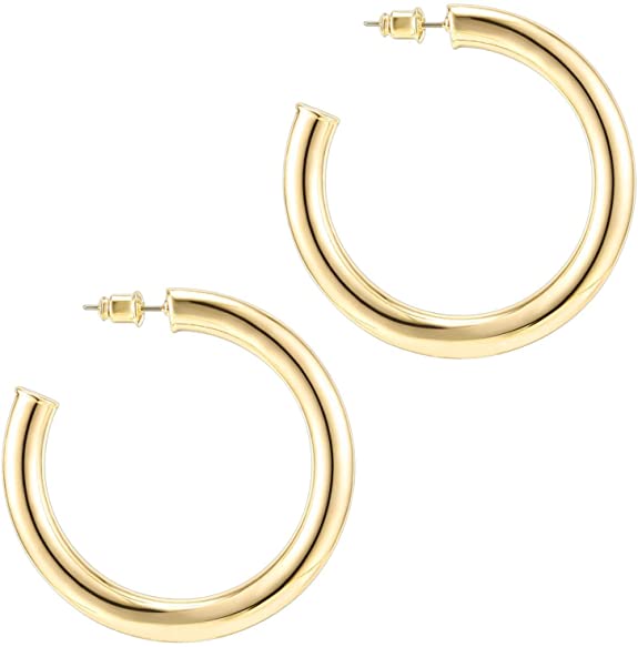 PAVOI 14K Gold Colored Lightweight Chunky Open Hoops | Gold Hoop Earrings for Women