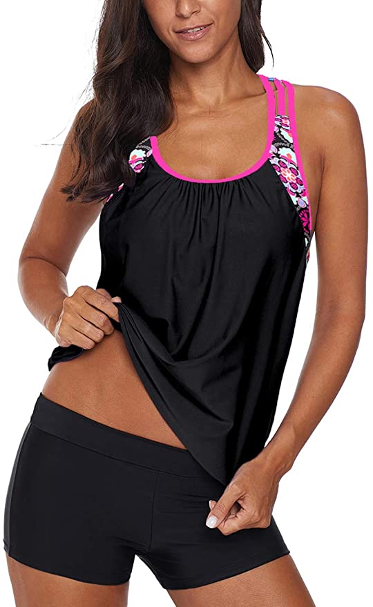 Bsubseach Women Leopard Print Strappy Racerback Padded Tankini Top with Boy Shorts