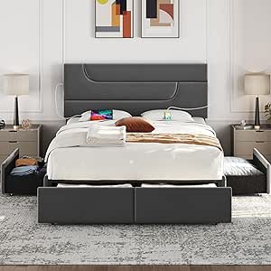 Yaheetech Queen Bed Frame Upholstered Platform Bed with USB Charging Station/4 Storage Drawers/Streamlined Headboard/Mattress Foundation/No Box Spring Needed/Strong Wooden Slats, Dark Gray Queen Bed