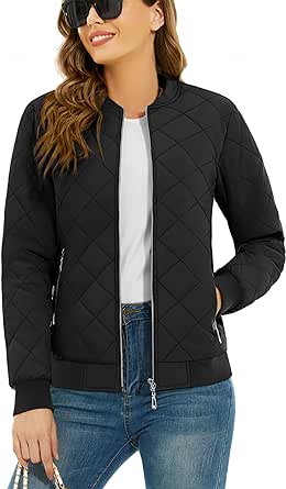 TACVASEN Women's Diamond Quilted Jackets Lightweight Casual Bomber Jacket Warm Winter Coats Full Zip with Pockets