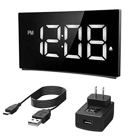 Alarm Clock, PICTEK Digital Alarm Clocks with 5-inch Dimmable LED Curved Screen, Kids Time Clock with Snooze Function, 12/24 Hour, 3 Alarm Sounds, USB Electronic Alarm Clock for Bedroom Livingroom Office (Include Adapter)