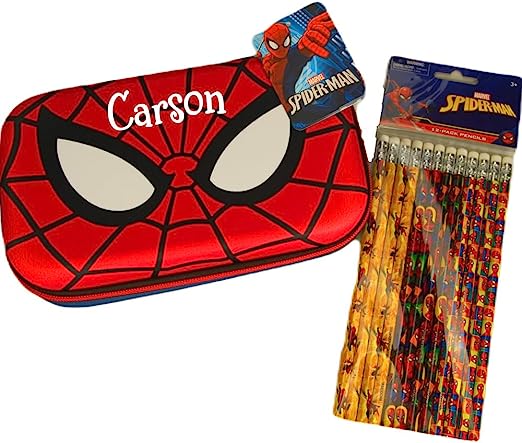 Disney Pencil Case - Personalized Spider Man Pencil Box - Kids Back to School Supplies Set - Writing Pencils with Eraser with Zippered Holder