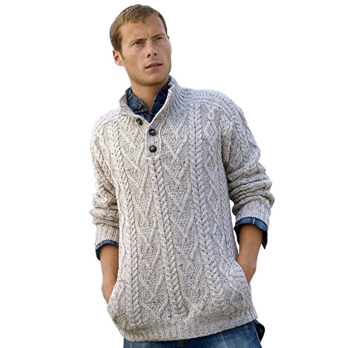 100% Irish Merino Wool Traditional Button Neck Aran Sweater by West End Knitwear